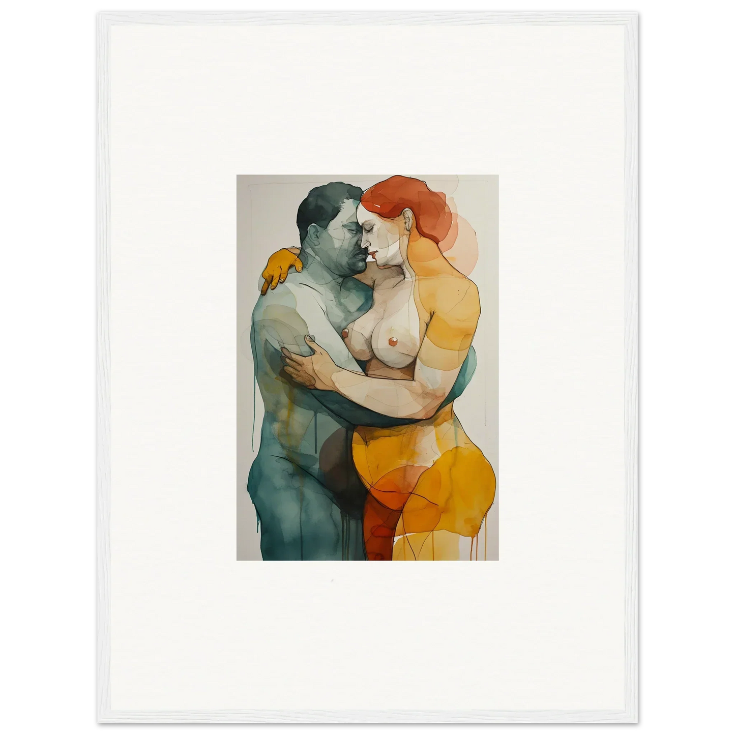 Colorful watercolor painting of a nude couple, perfect for room decor and framed wall art