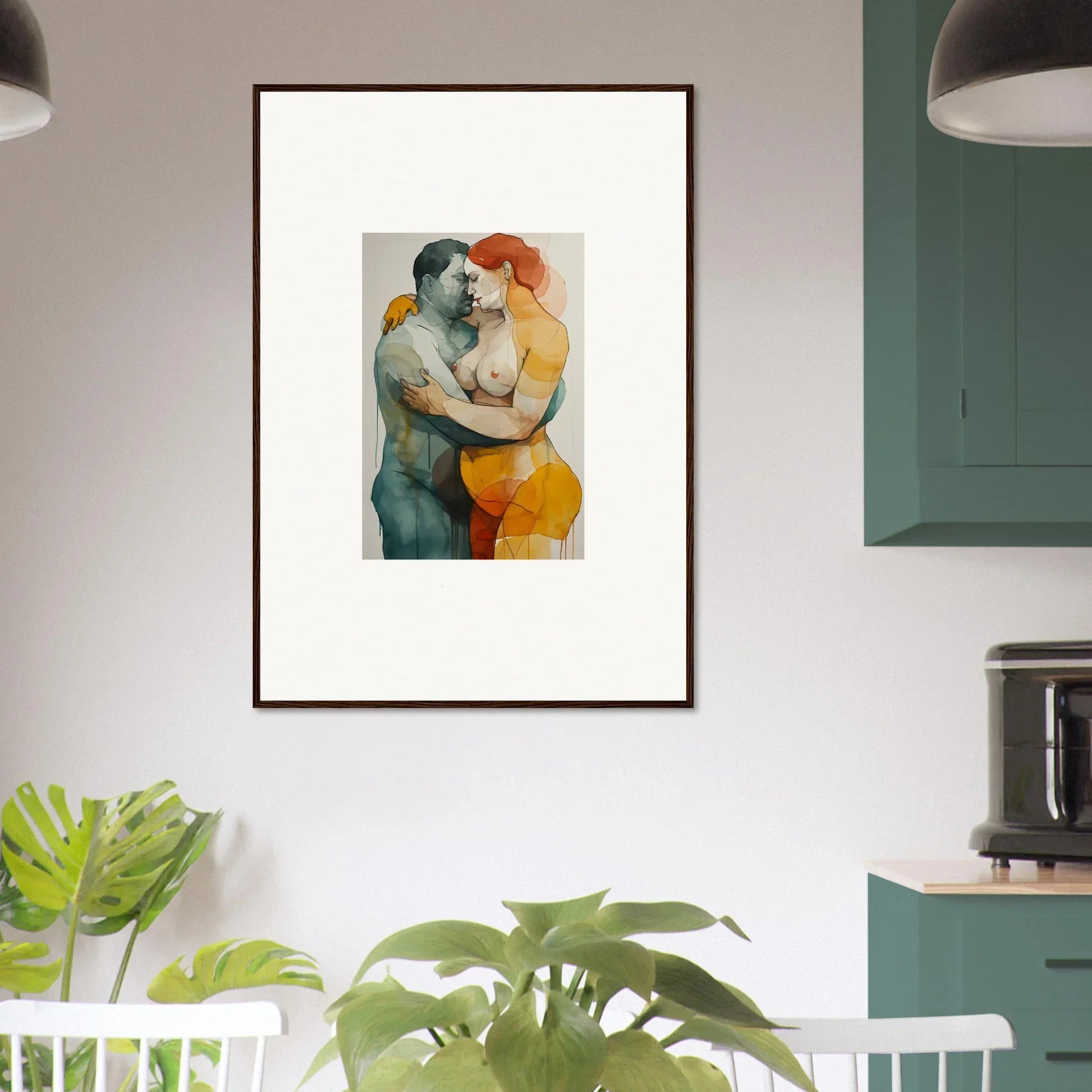 Framed wall art of two figures in a patina embrace, perfect for room decor