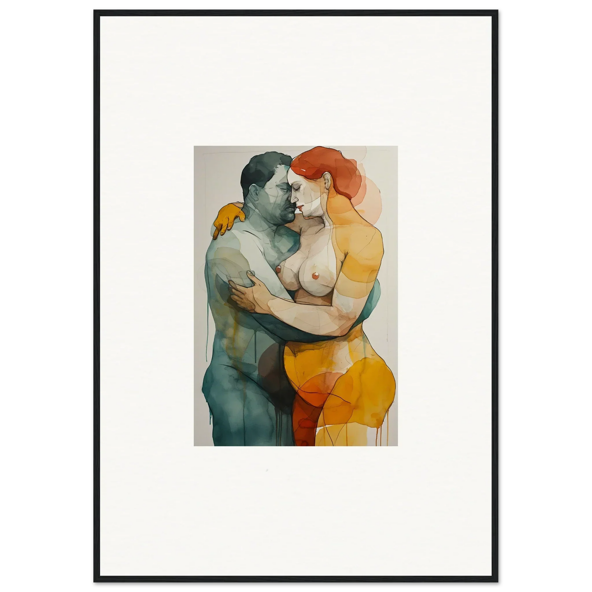 Watercolor painting of a nude couple in vibrant colors for framed wall art and room decor