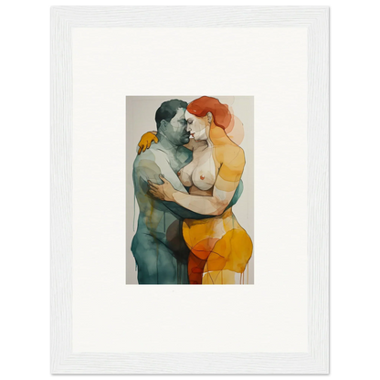 Watercolor painting of embracing nude couple, colorful abstract patina embrace wall art