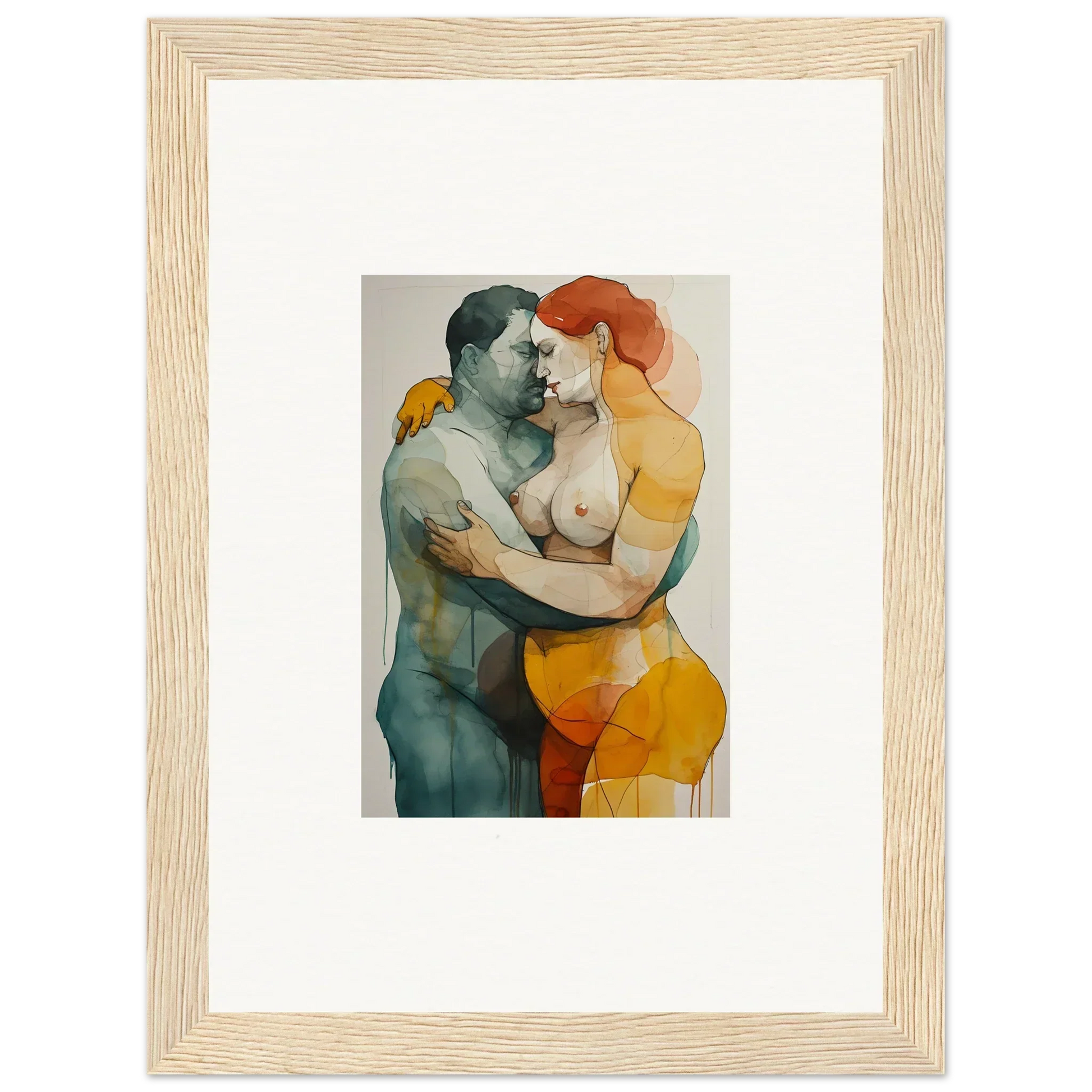 Watercolor painting of a nude couple in vibrant colors, ideal for patina embrace room decor