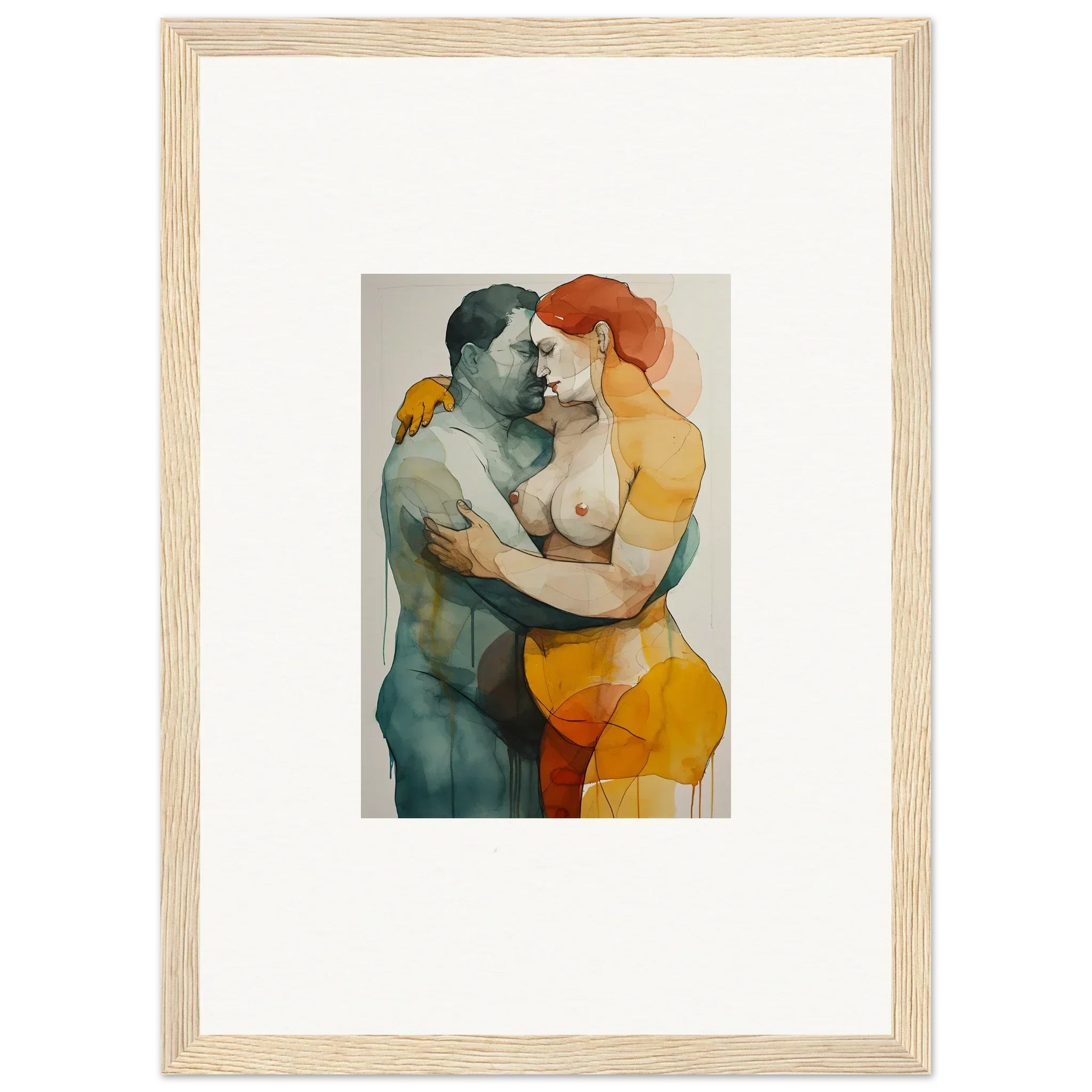 Watercolor painting of a nude couple’s embrace, perfect for room decor or framed wall art