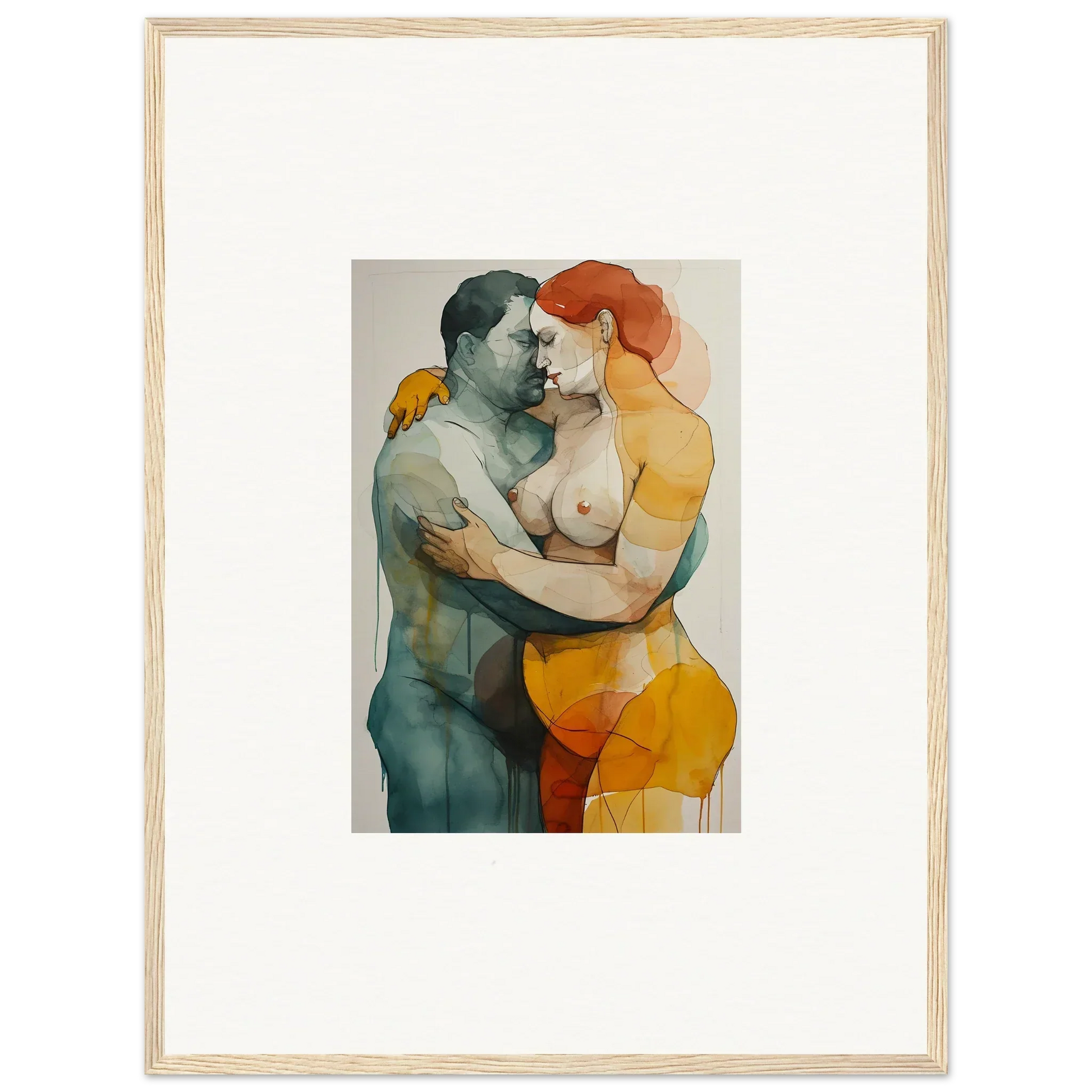 Watercolor painting of a nude couple embracing, perfect for framed wall art and room decor