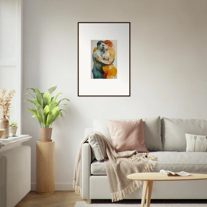 Framed wall art of patina embrace with two figures in muted colors for chic room decor