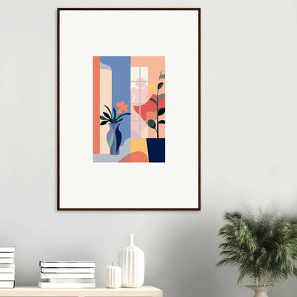 Framed Echoic Flower Emblaze canvas print with geometric shapes and pastel plants for room decoration