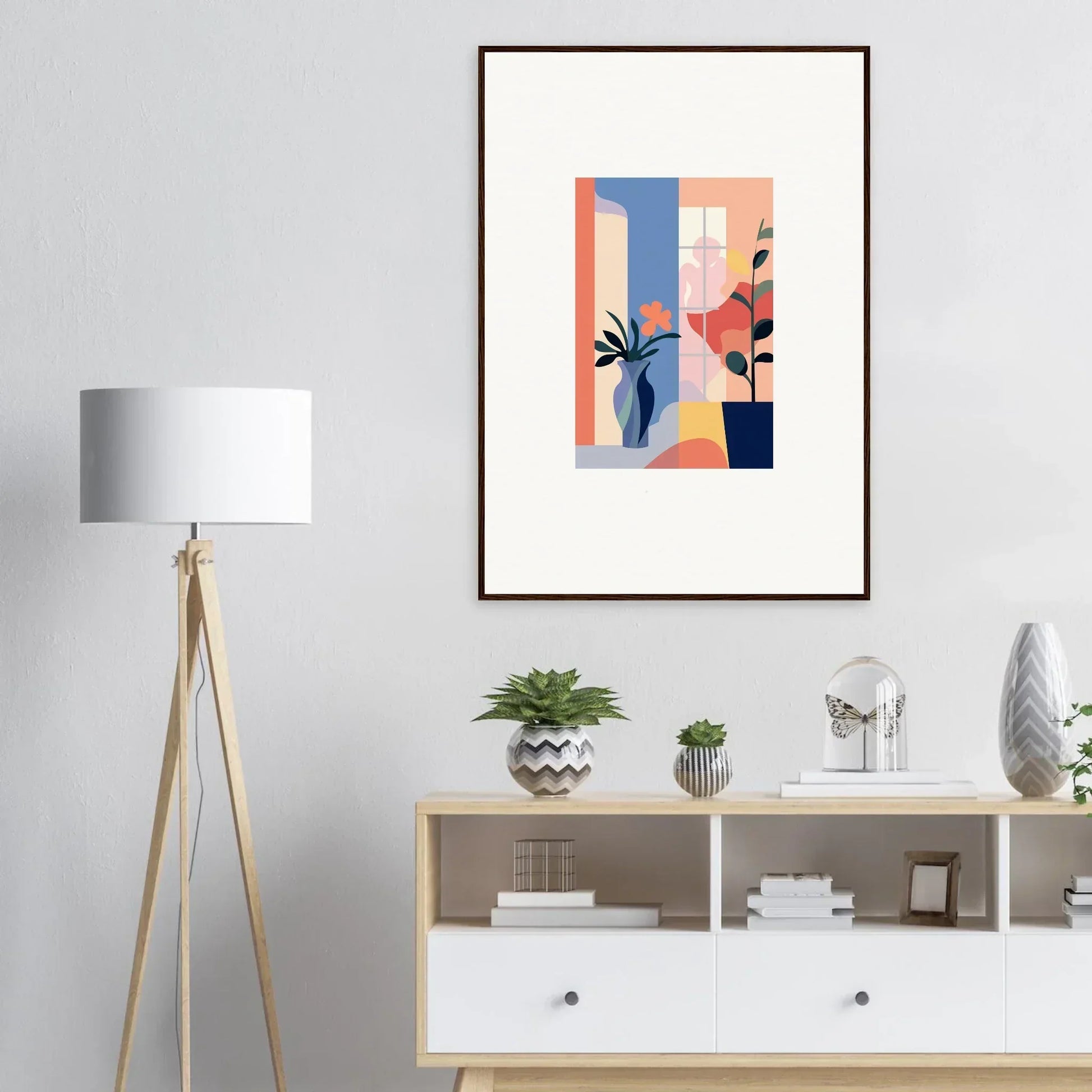 Framed canvas print of Echoic Flower Emblaze, featuring pastel geometric shapes and plants