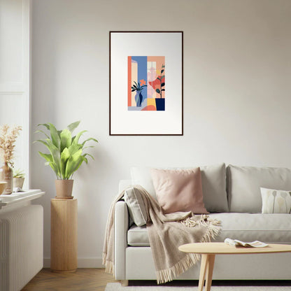 Framed canvas print of Echoic Flower Emblaze with pastel geometric shapes and hand silhouette