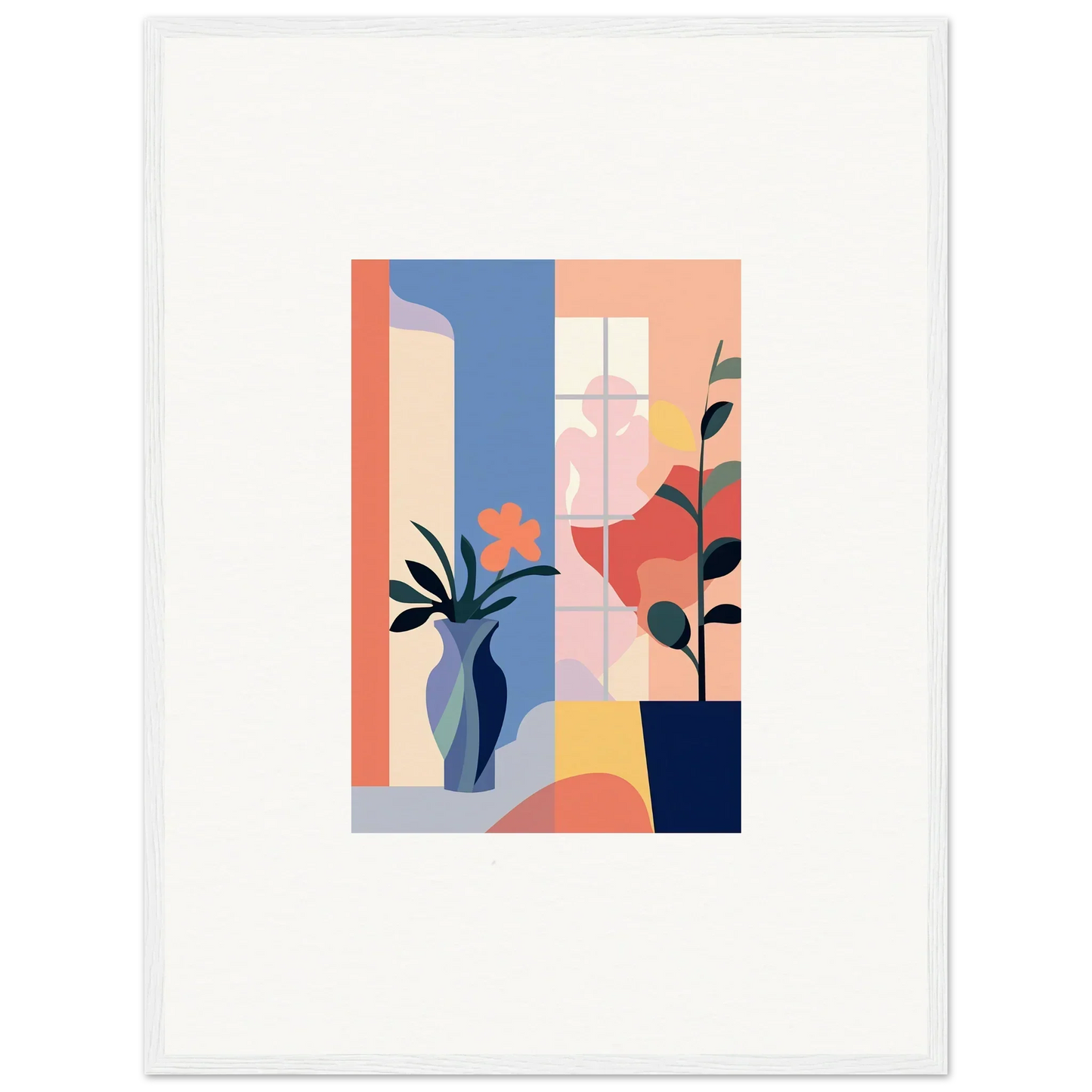 Abstract geometric canvas print with pastel plants and vases for stylish room decoration