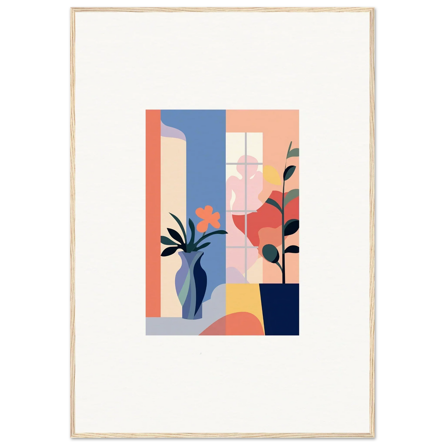 Abstract geometric canvas print of flower emblaze with pastel plants and vases