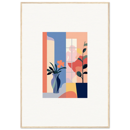 Abstract geometric canvas print of flower emblaze with pastel plants and vases