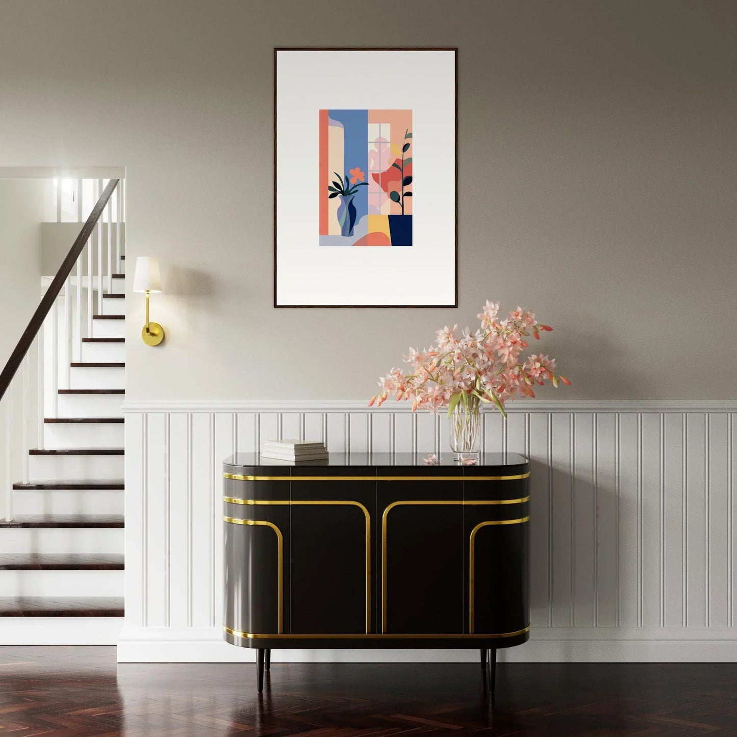 Elegant black and gold sideboard perfect for room decoration with a flower emblaze design