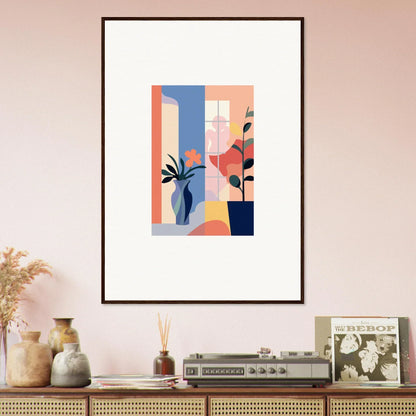 Framed canvas print of Echoic Flower Emblaze with pastel geometric shapes and plants