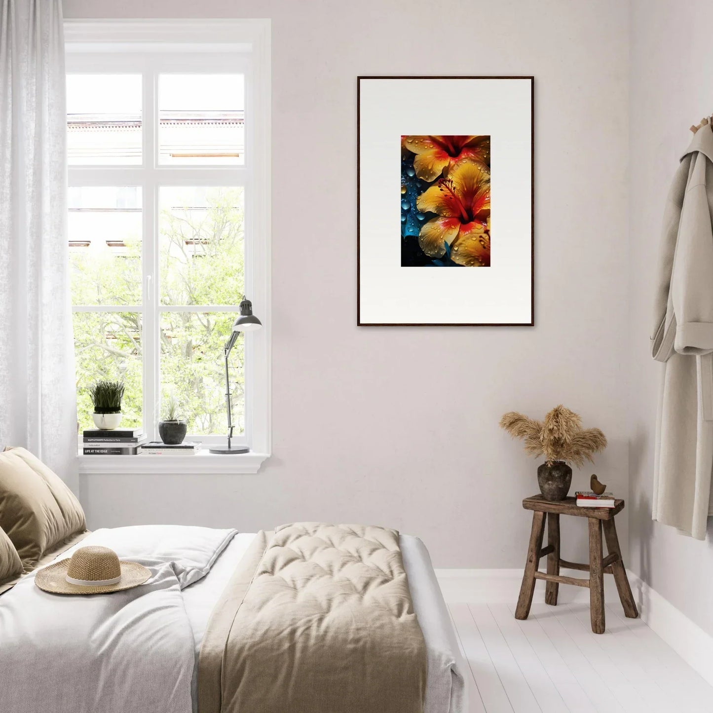 Framed Echoing Sun Chorus artwork with vibrant hibiscus flowers on dark background