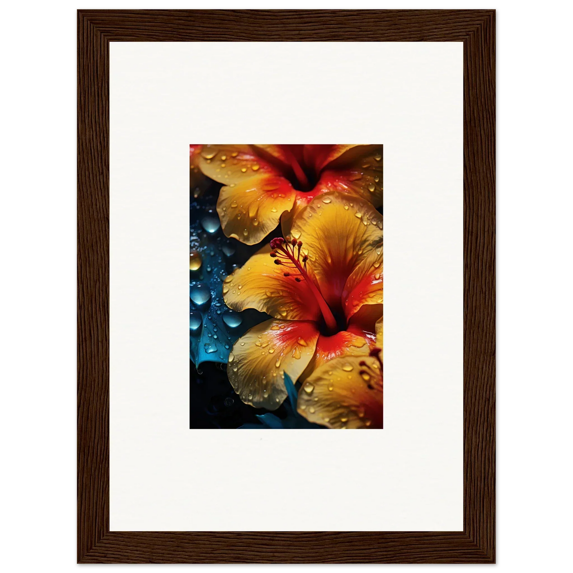 Vibrant yellow and red hibiscus flowers with droplets for Echoing Sun Chorus art