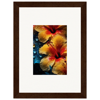 Vibrant yellow and red hibiscus flowers with droplets for Echoing Sun Chorus art