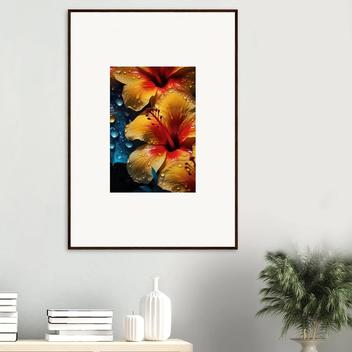 Framed Echoing Sun Chorus art with vibrant orange and red hibiscus flowers on dark background