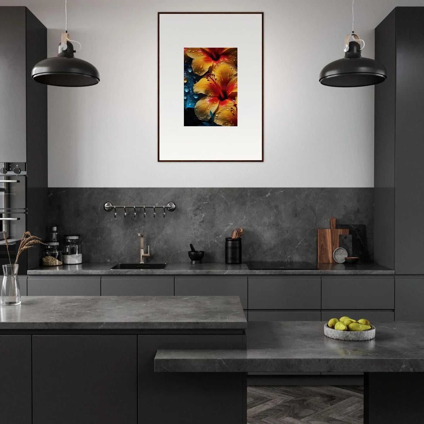 Modern dark gray kitchen featuring Echoing Sun Chorus artwork and stylish pendant lights