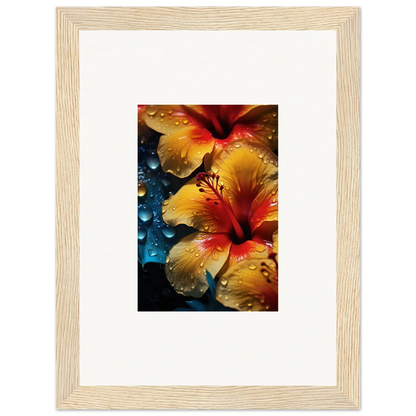 Vibrant yellow and red hibiscus flowers in Echoing Sun Chorus art with water droplets