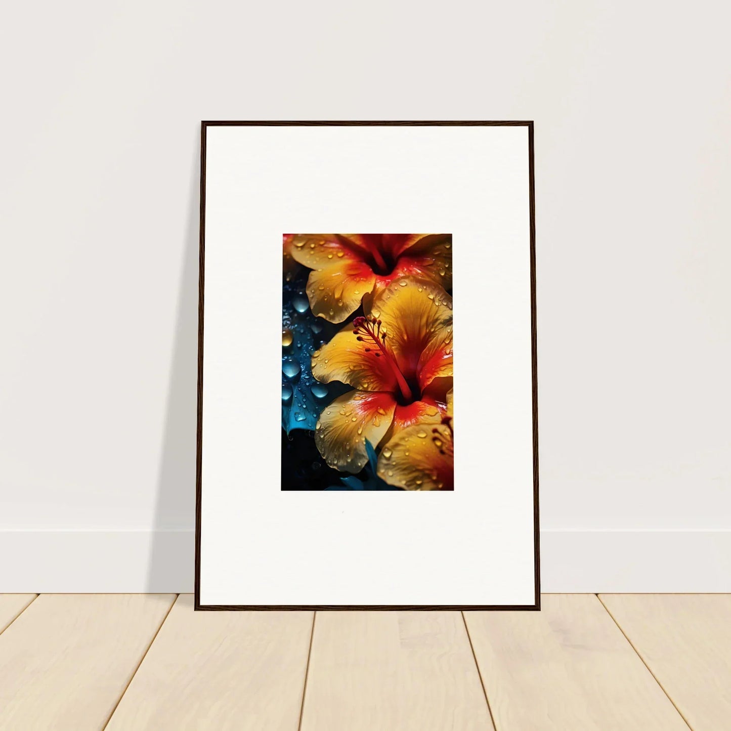 Framed photo of vibrant orange and yellow hibiscus from the Echoing Sun Chorus collection