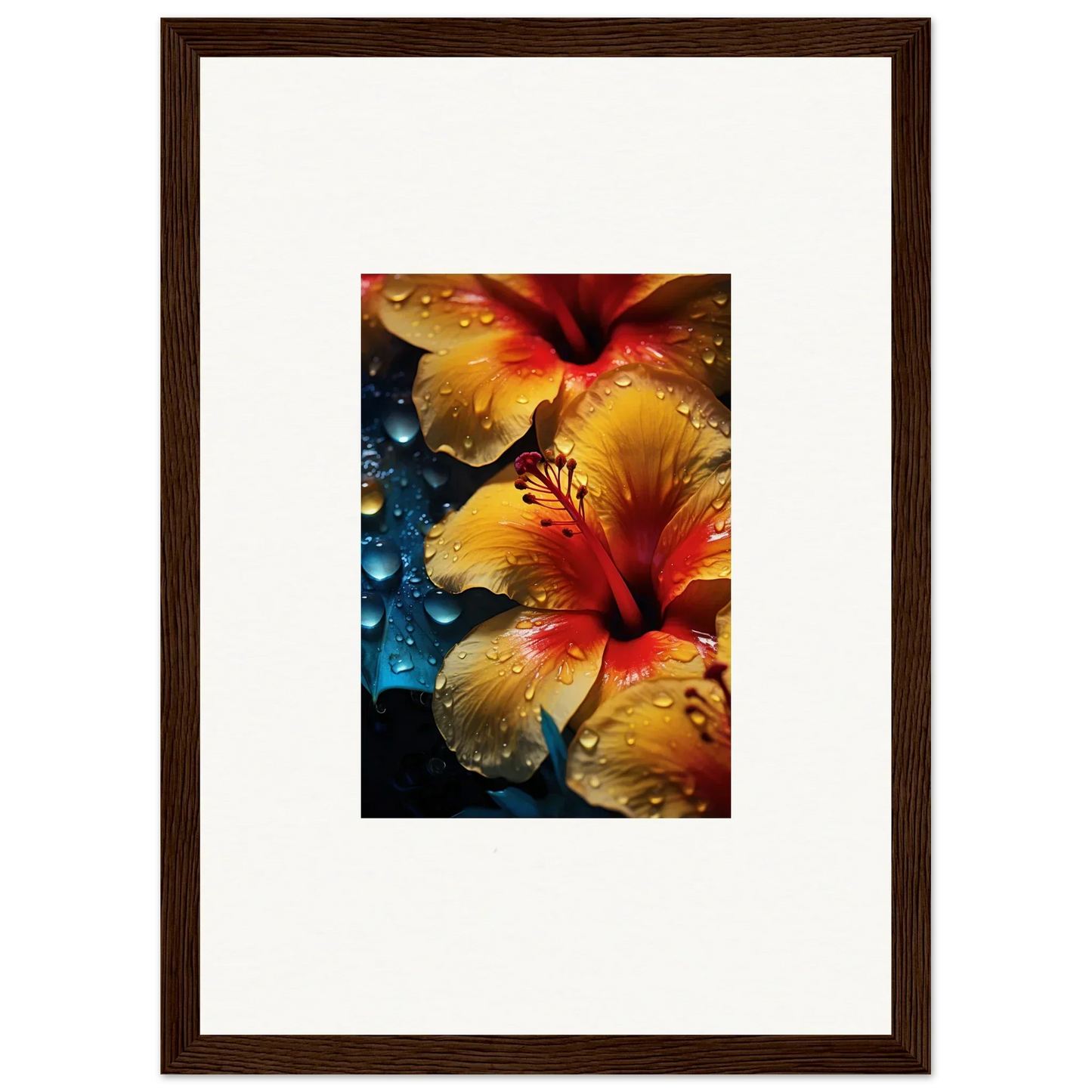 Vibrant yellow and red hibiscus flowers glistening with water in Echoing Sun Chorus art