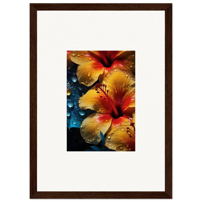 Vibrant yellow and red hibiscus flowers glistening with water in Echoing Sun Chorus art