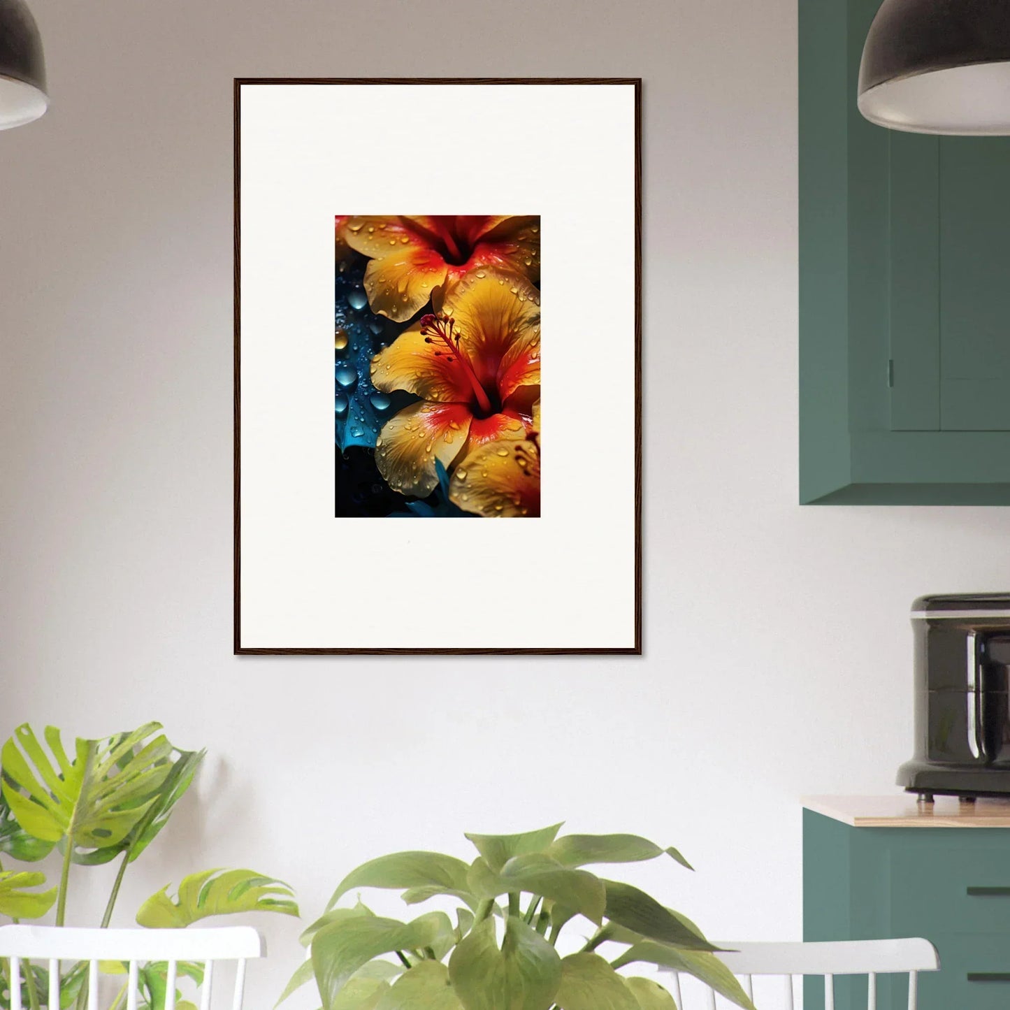 Framed Echoing Sun Chorus artwork of vibrant orange hibiscus flowers on dark background