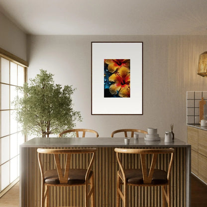 Framed artwork of bright orange and yellow hibiscus in Echoing Sun Chorus special edition art