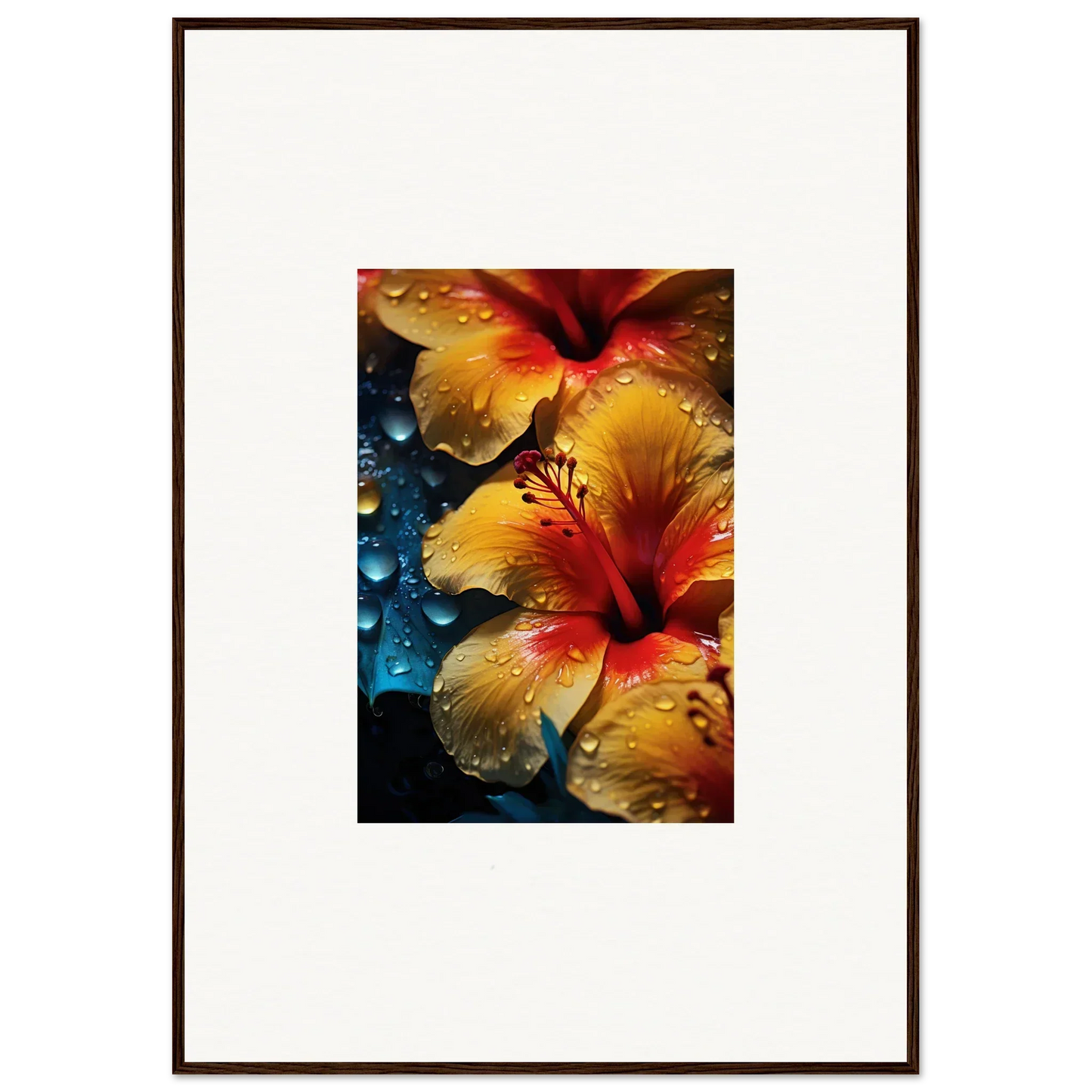 Vibrant yellow and red Hibiscus flowers with droplets from Echoing Sun Chorus special edition art™