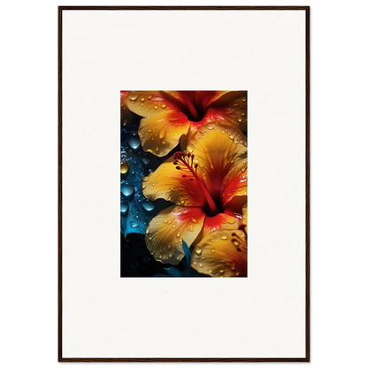 Vibrant yellow and red Hibiscus flowers with droplets from Echoing Sun Chorus special edition art™