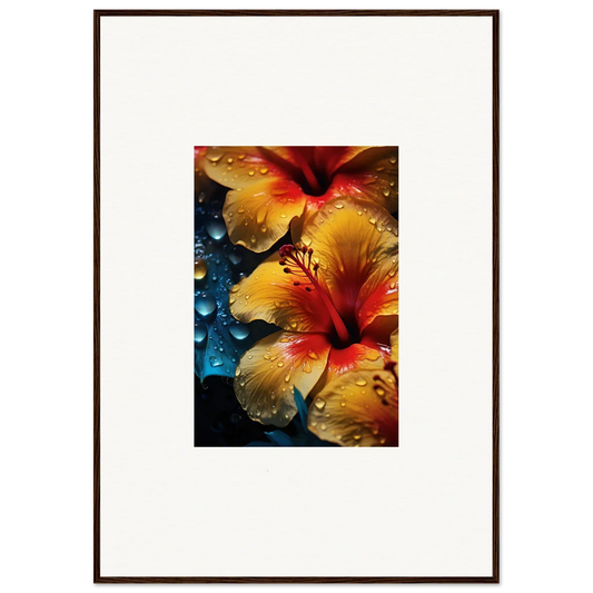 Vibrant yellow and red Hibiscus flowers with droplets from Echoing Sun Chorus special edition art™