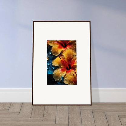 Framed art print of vibrant orange and yellow hibiscus in Echoing Sun Chorus design