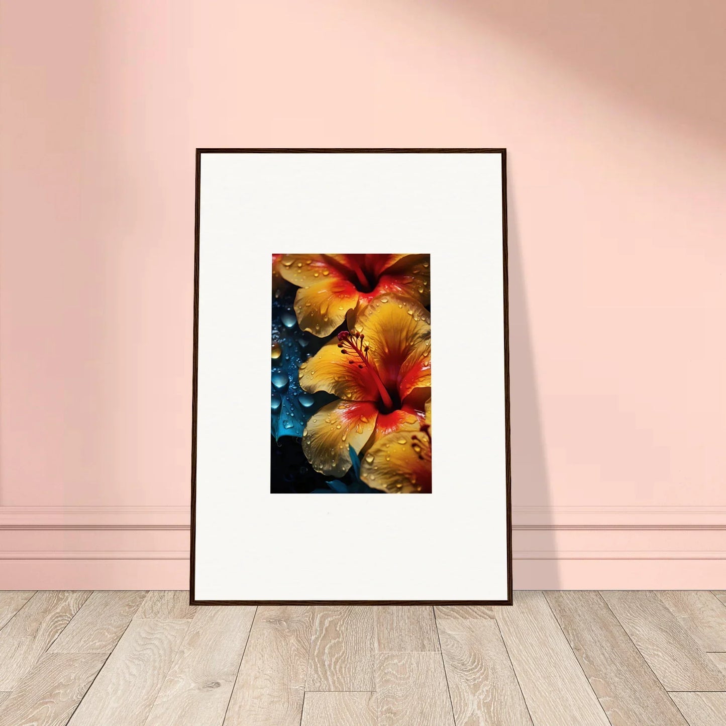 Framed Echoing Sun Chorus art with bright yellow and red hibiscus on dark backdrop