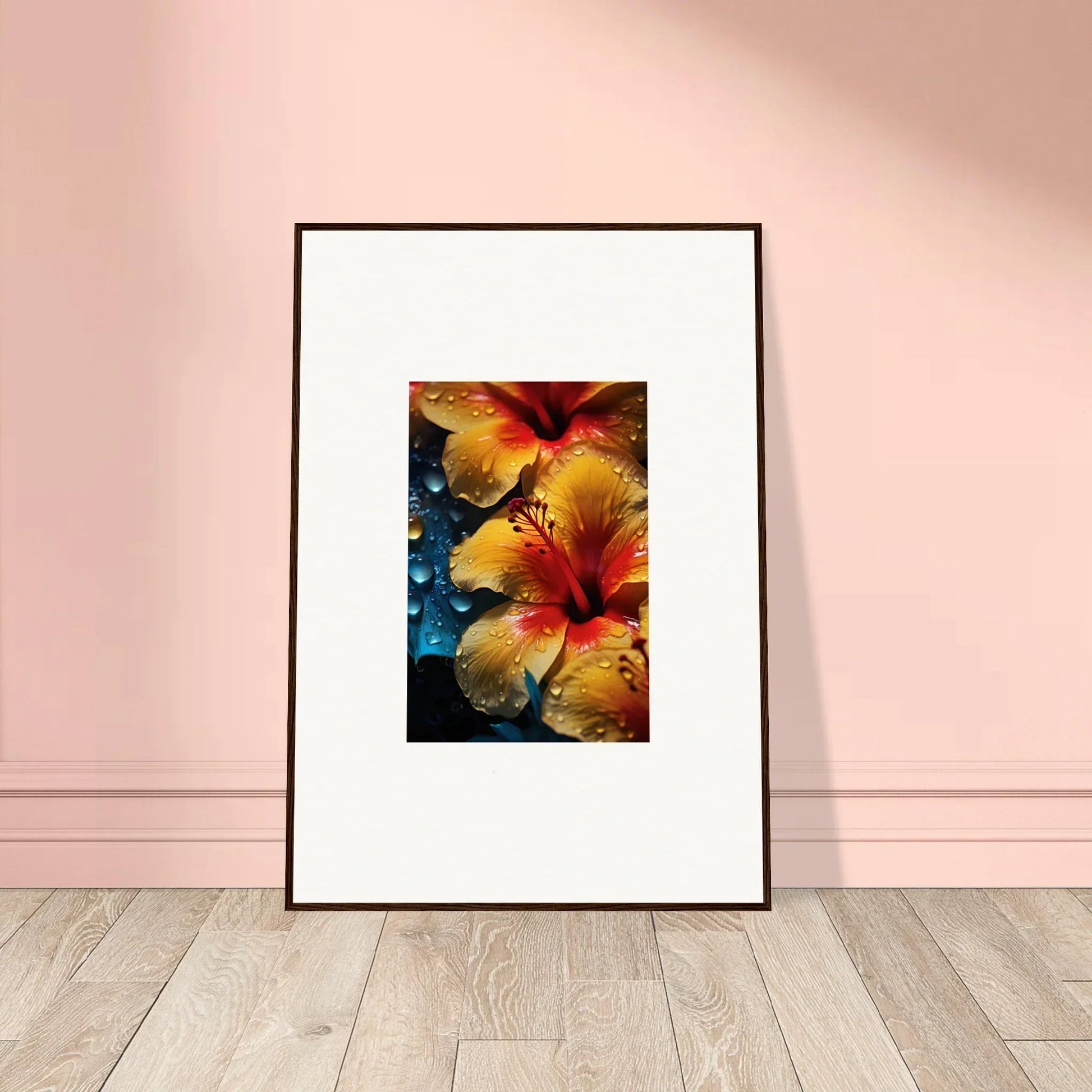 Framed Echoing Sun Chorus art with bright yellow and red hibiscus on dark backdrop