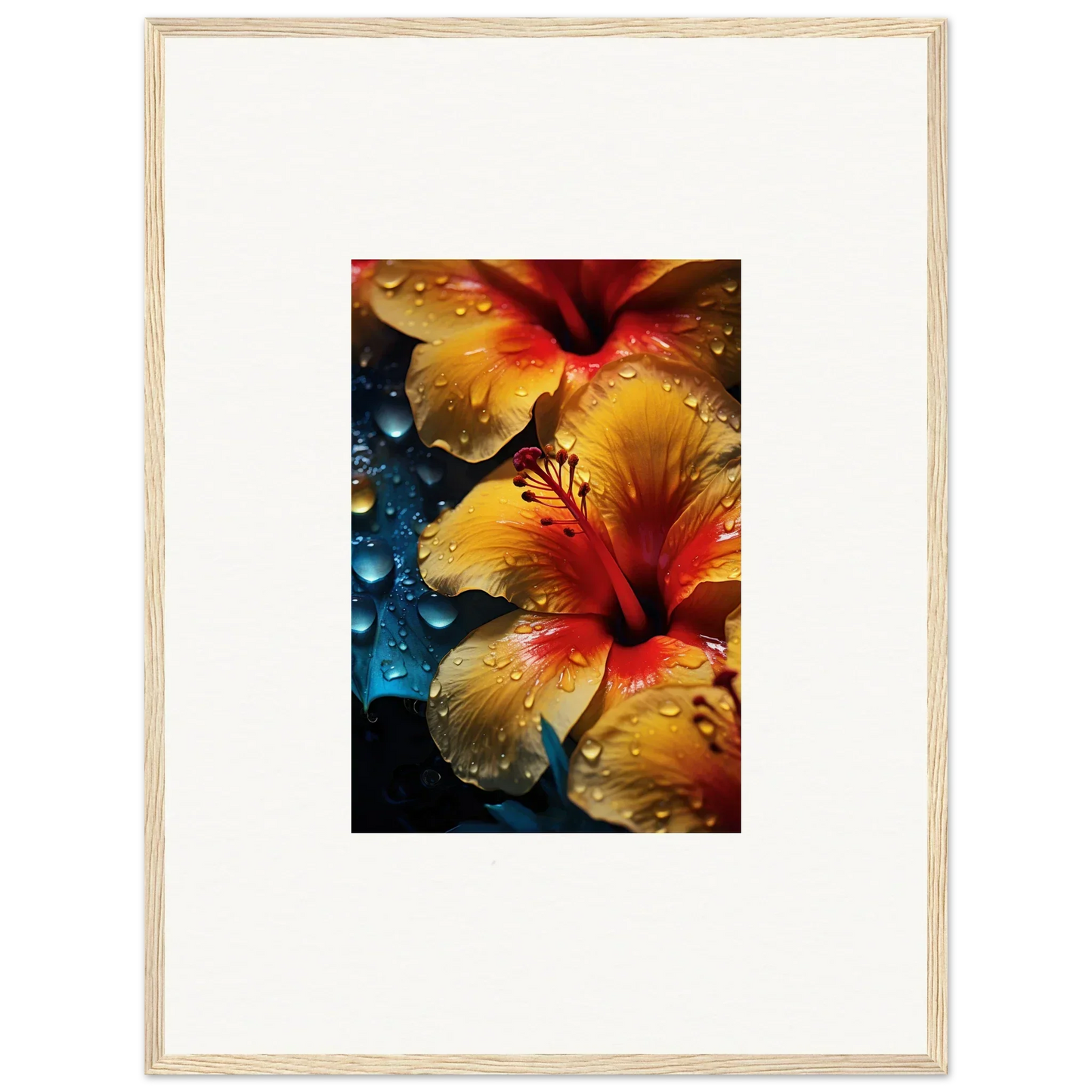 Vibrant yellow and red hibiscus flowers with droplets for Echoing Sun Chorus art piece