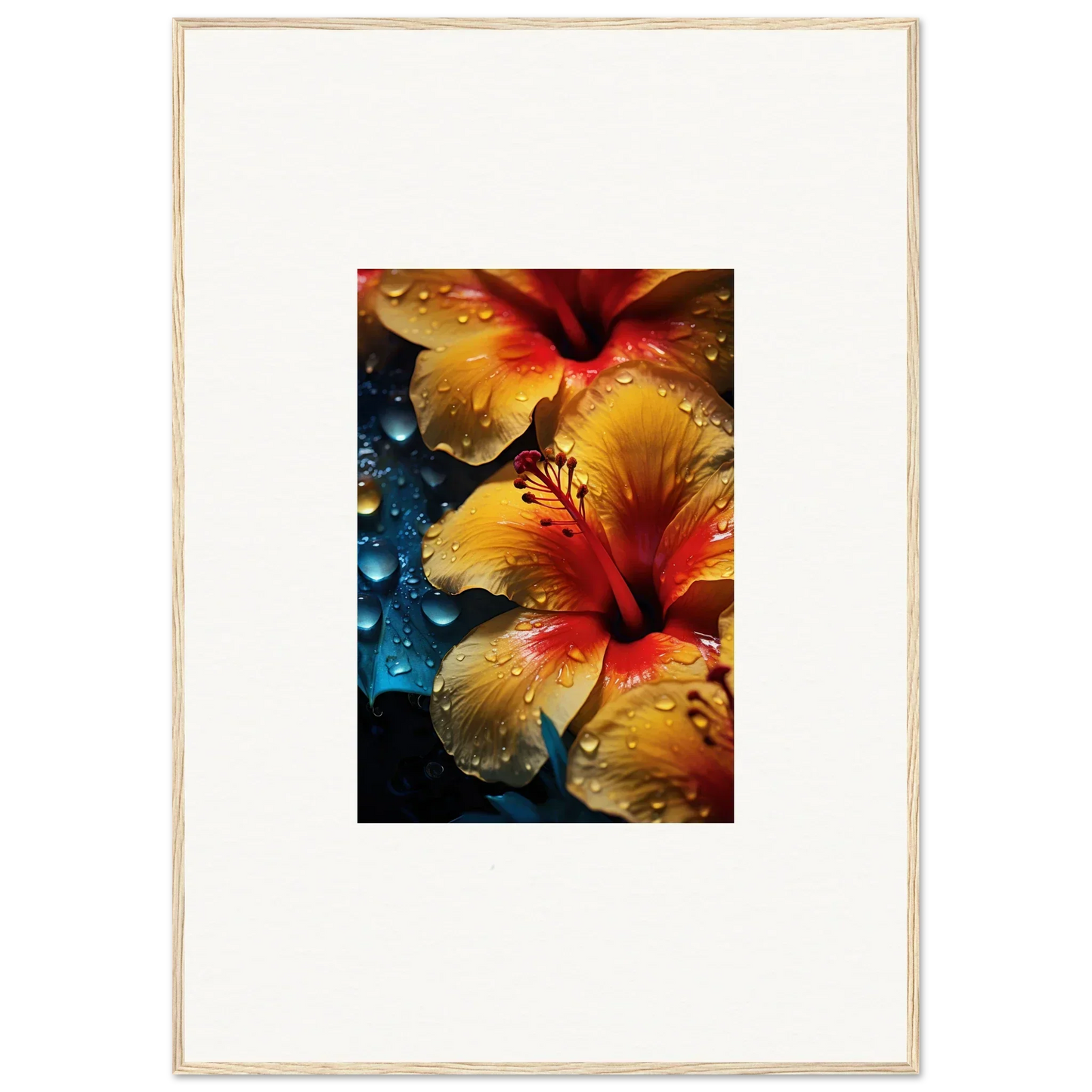 Vibrant Yellow and Red Hibiscus Flowers with Dew Drops from Echoing Sun Chorus Special Edition Art