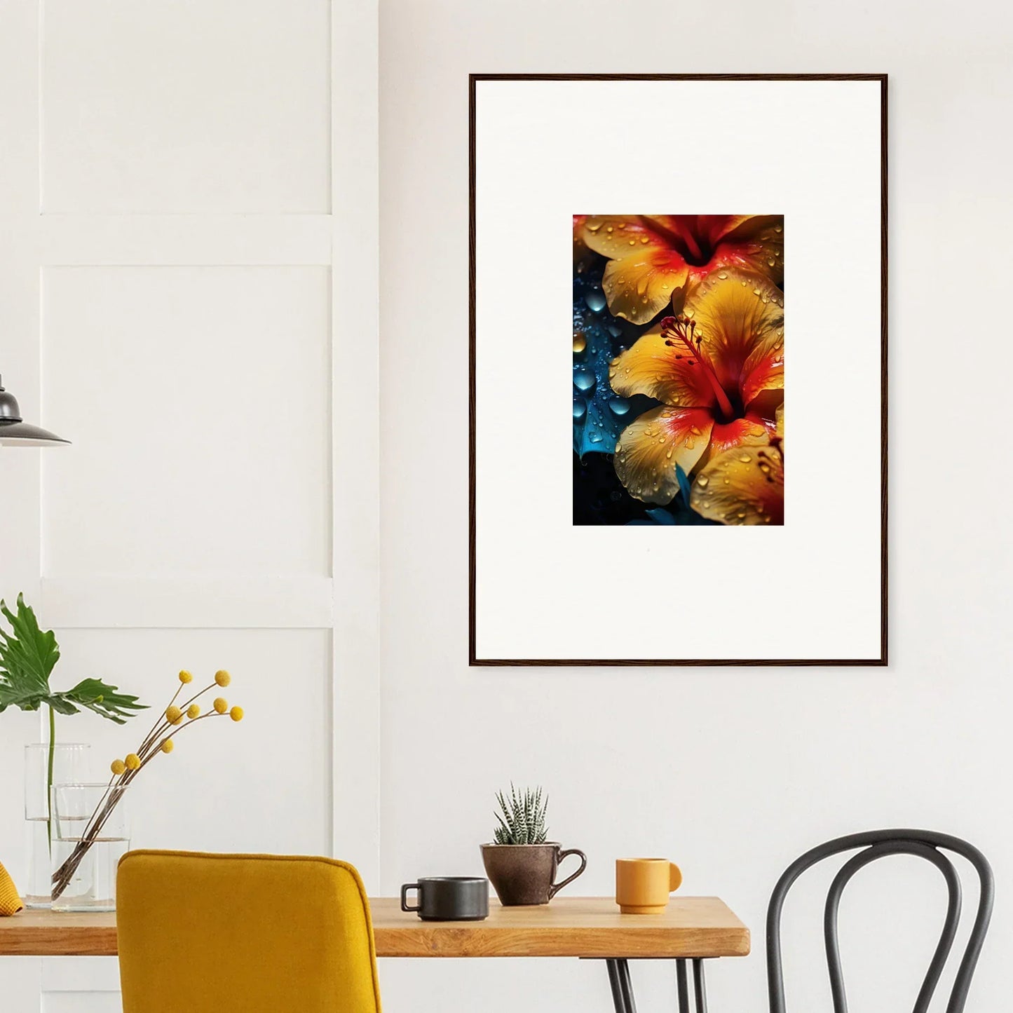 Framed Echoing Sun Chorus artwork with bold orange and yellow hibiscus on dark background