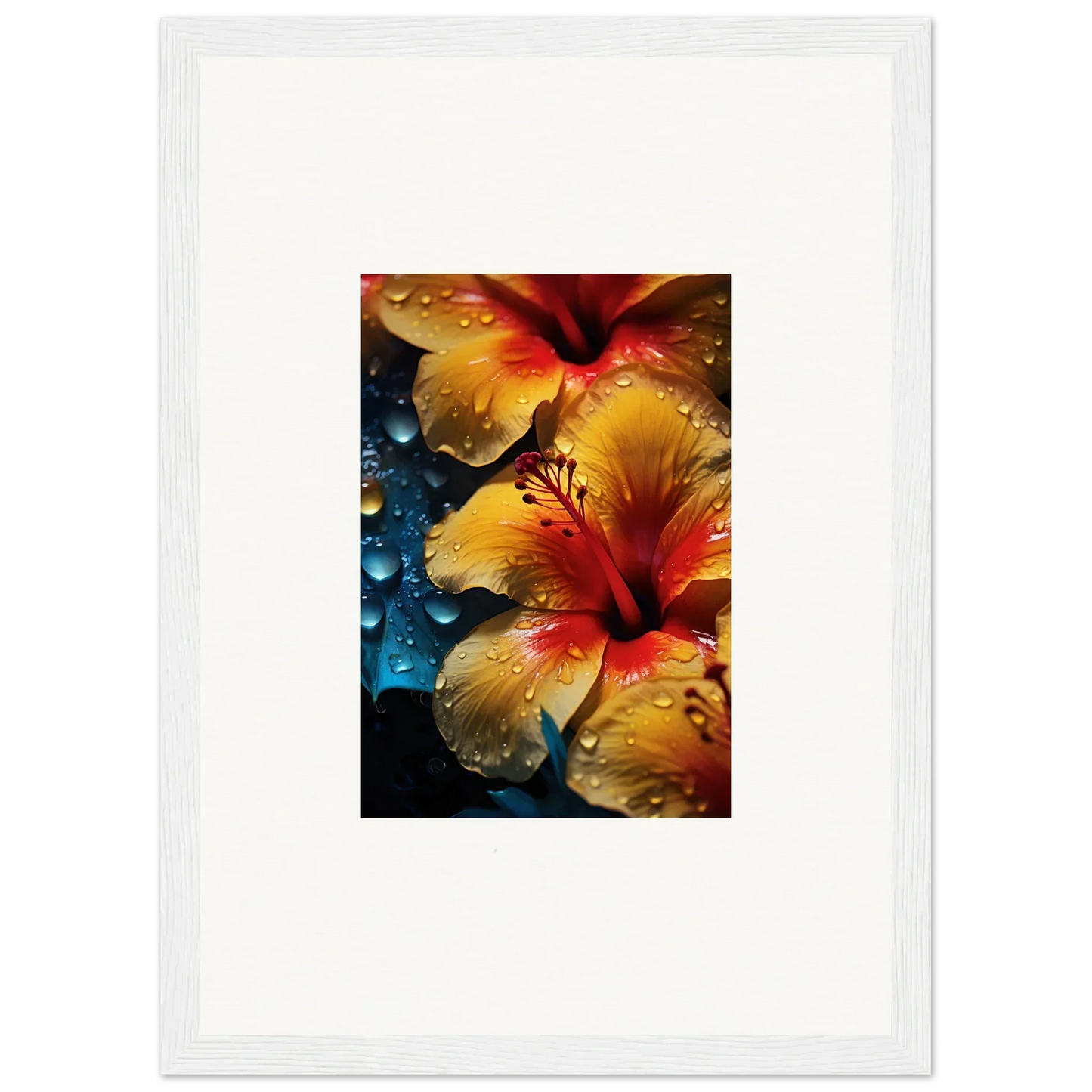 Vibrant yellow and red hibiscus flowers with water droplets in Echoing Sun Chorus art