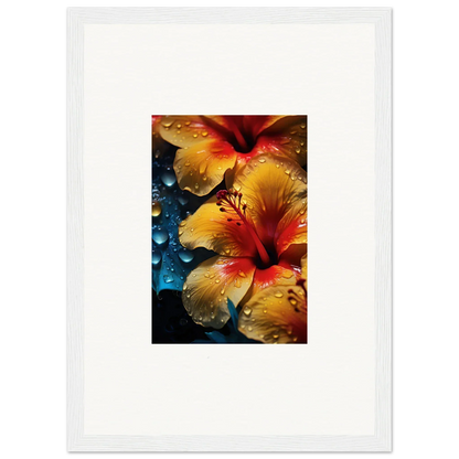 Vibrant yellow and red hibiscus flowers with water droplets in Echoing Sun Chorus art