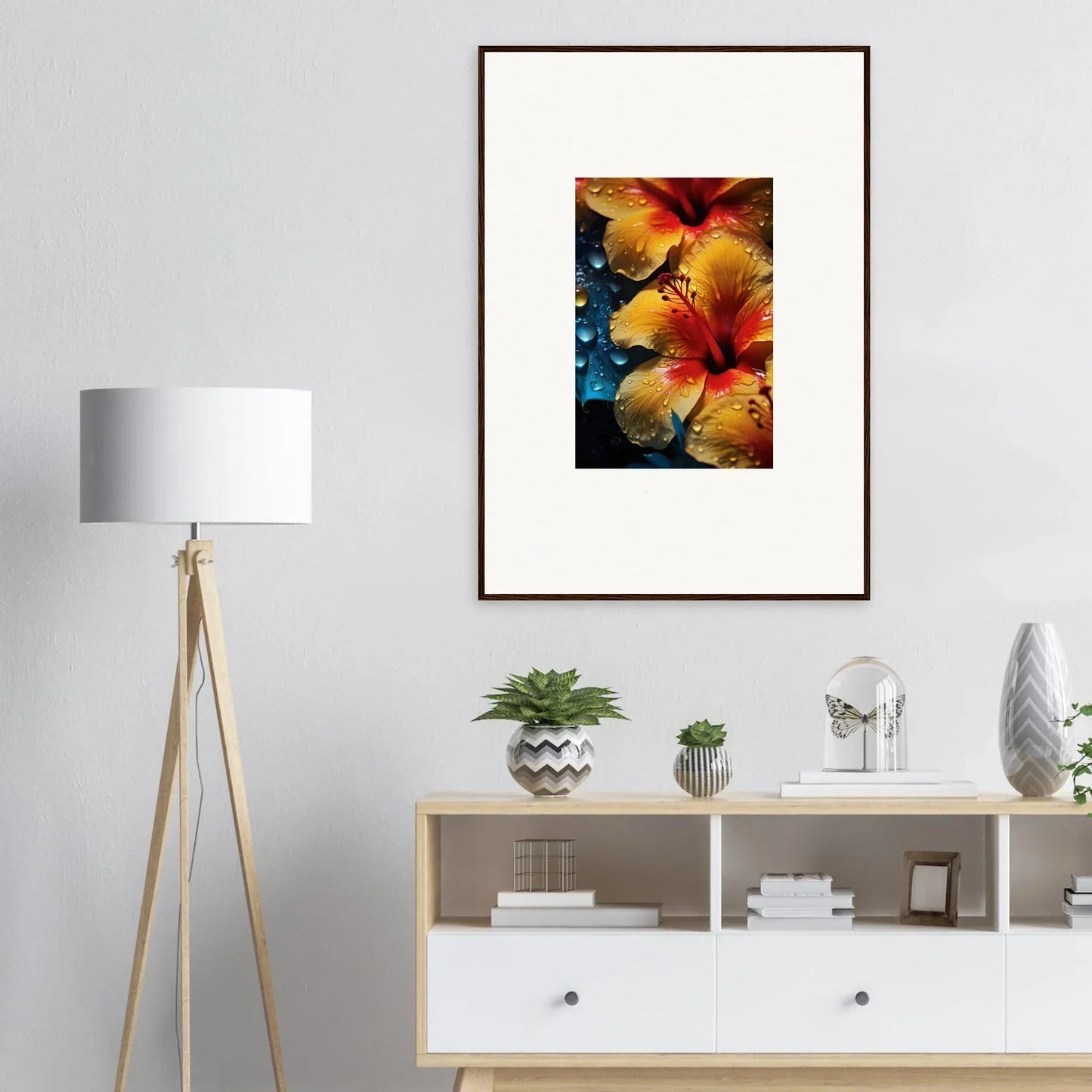 Framed artwork of vibrant orange hibiscus flowers in Echoing Sun Chorus special edition