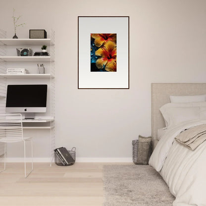 Framed vibrant orange hibiscus in Echoing Sun Chorus special edition art™ display