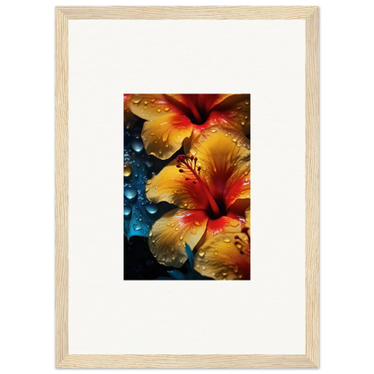 Vibrant yellow and red hibiscus flowers with water droplets in Echoing Sun Chorus art