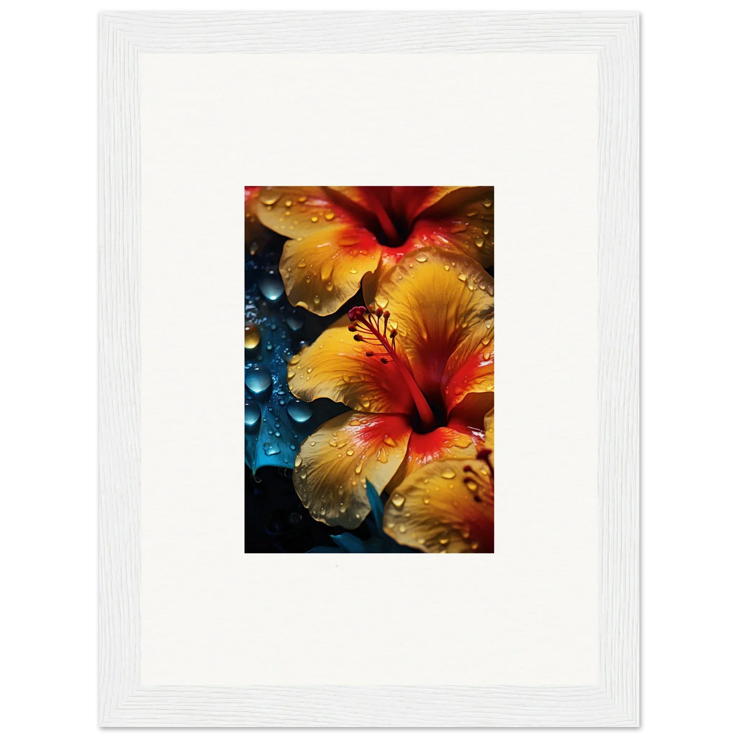 Vibrant yellow and red hibiscus flowers with water droplets from Echoing Sun Chorus