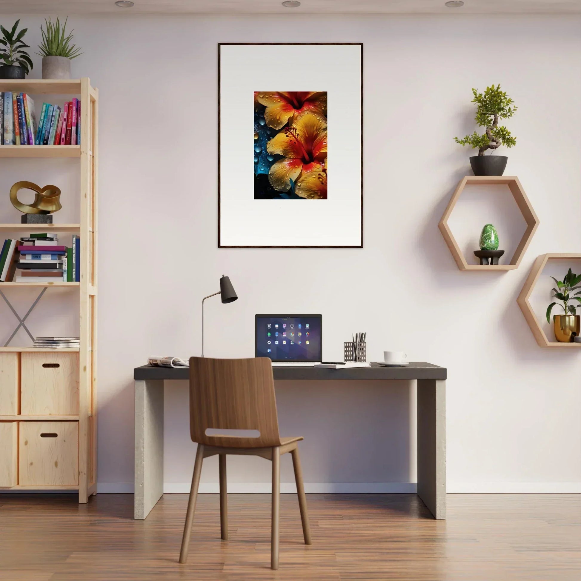 Modern home office featuring a desk and wall shelves inspired by Echoing Sun Chorus