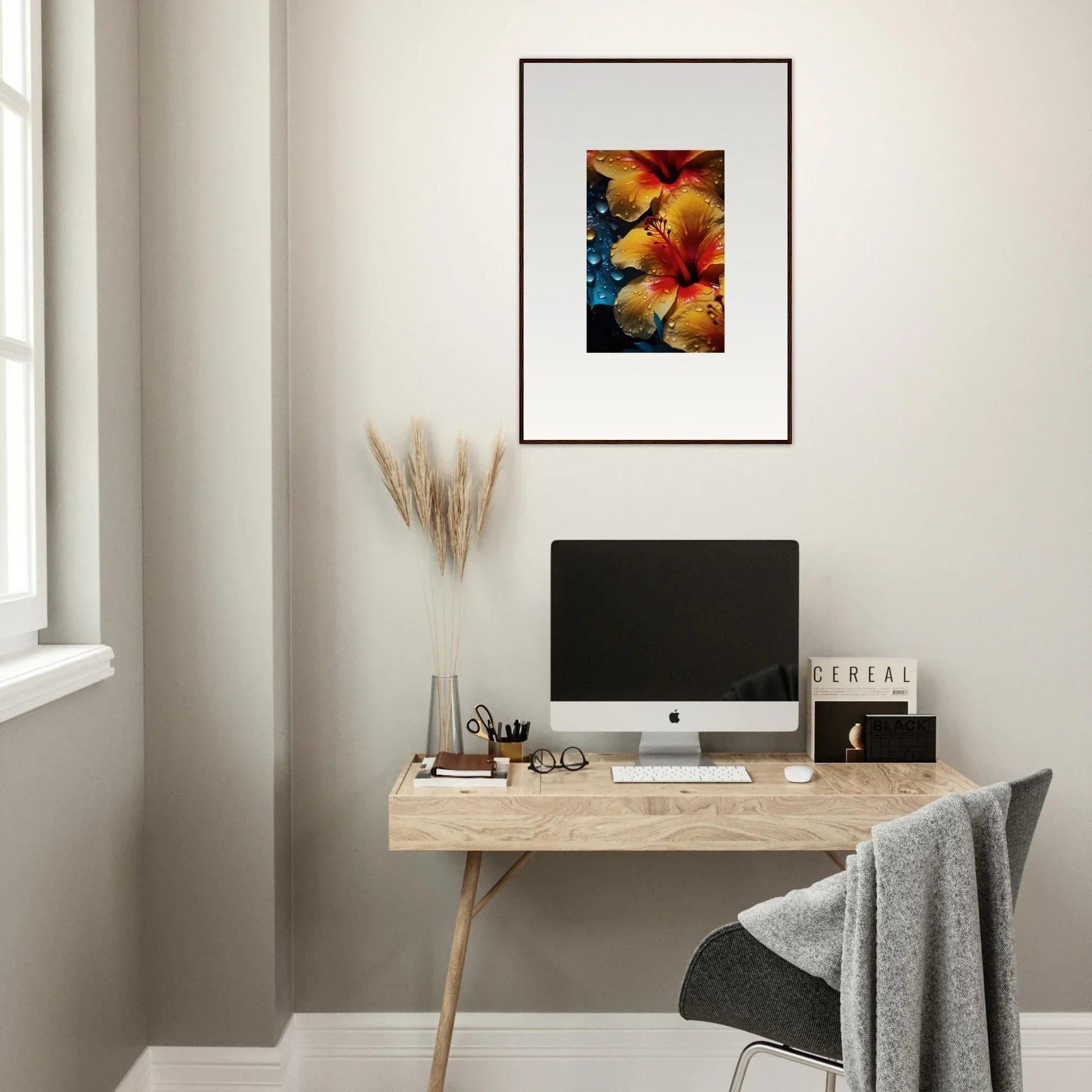 Framed artwork of bright orange and yellow hibiscus in Echoing Sun Chorus collection