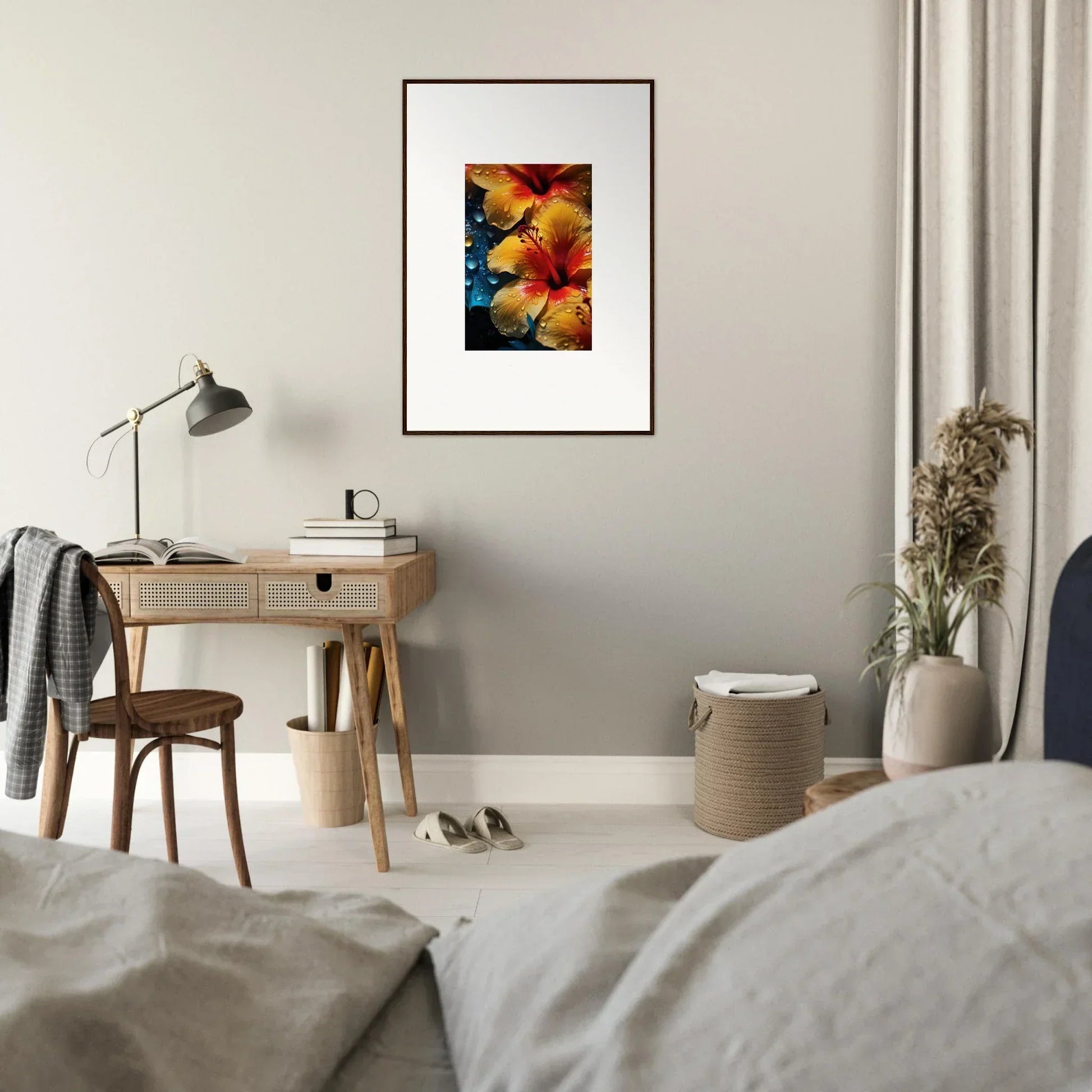 Framed vibrant orange and yellow hibiscus flowers in Echoing Sun Chorus artwork