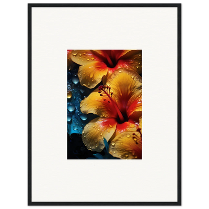 Vibrant Yellow and Red Hibiscus Flowers with Water Droplets for Echoing Sun Chorus Art™