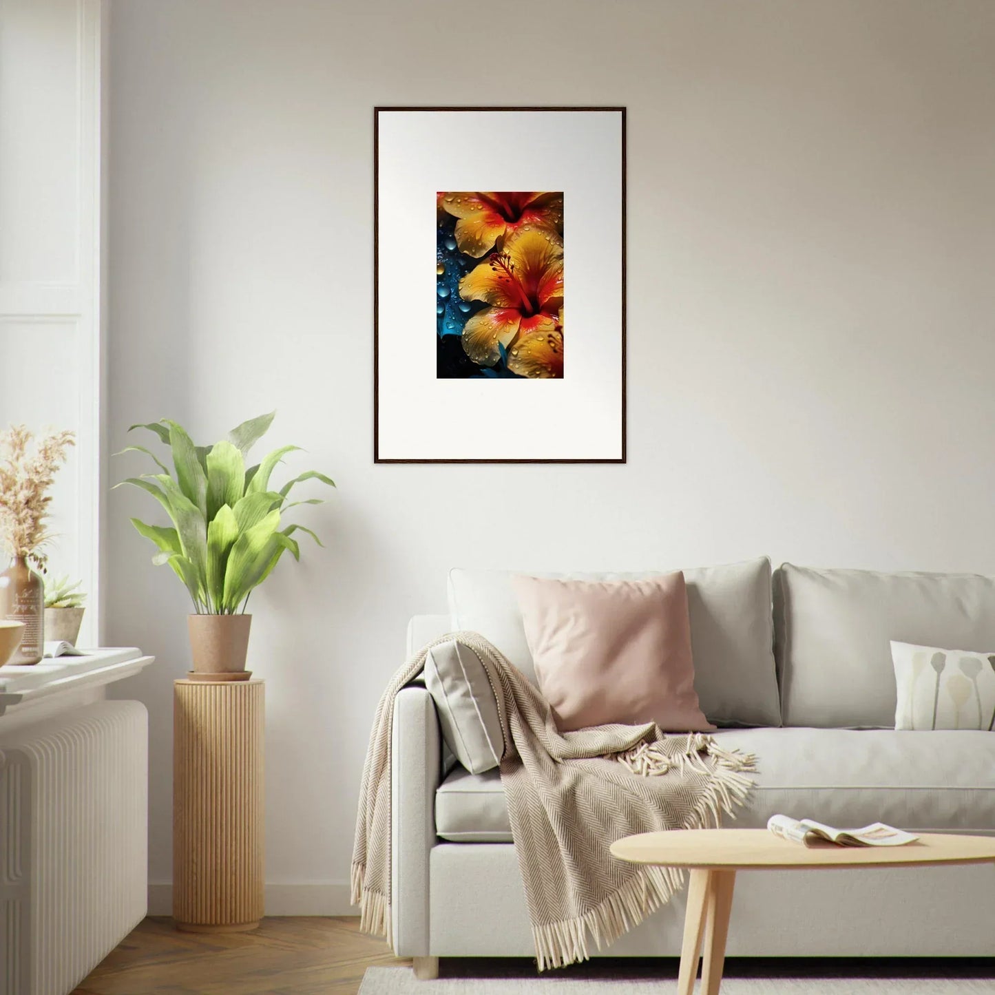 Framed Echoing Sun Chorus artwork featuring vibrant orange lilies on dark blue