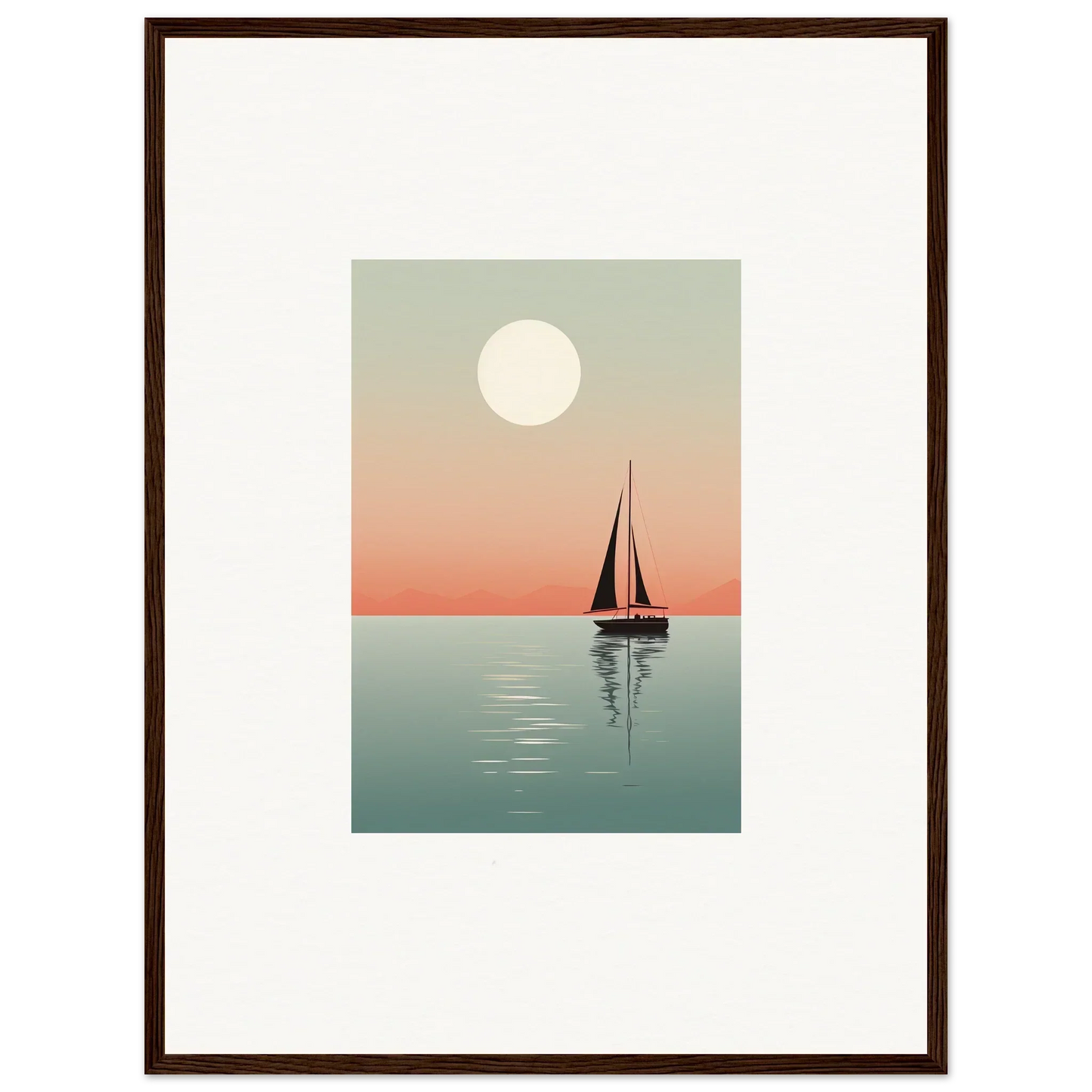 Sailboat silhouette at sunset reflecting on water, perfect for Nautical Harmonies canvas print