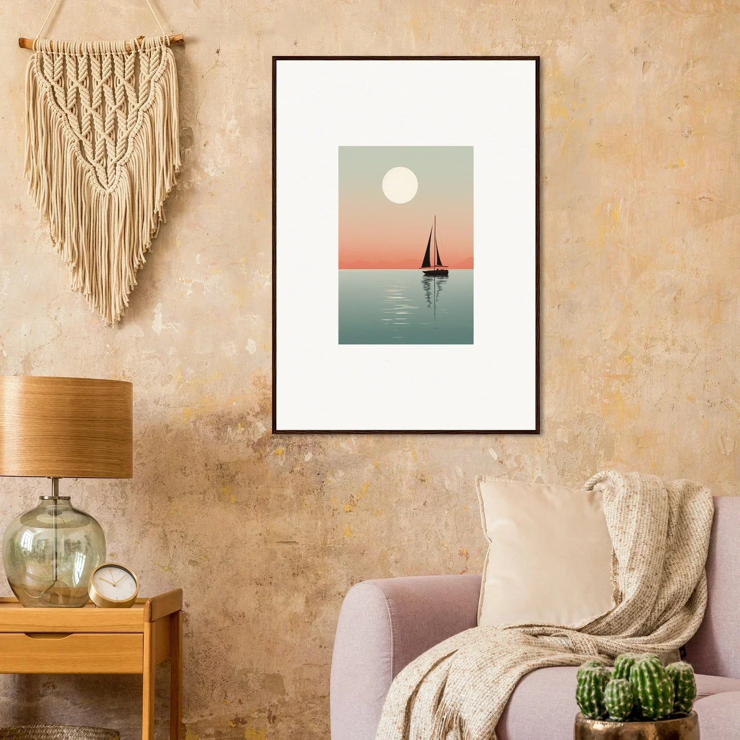 Framed minimalist canvas print of Nautical Harmonies with a sailboat at sunset