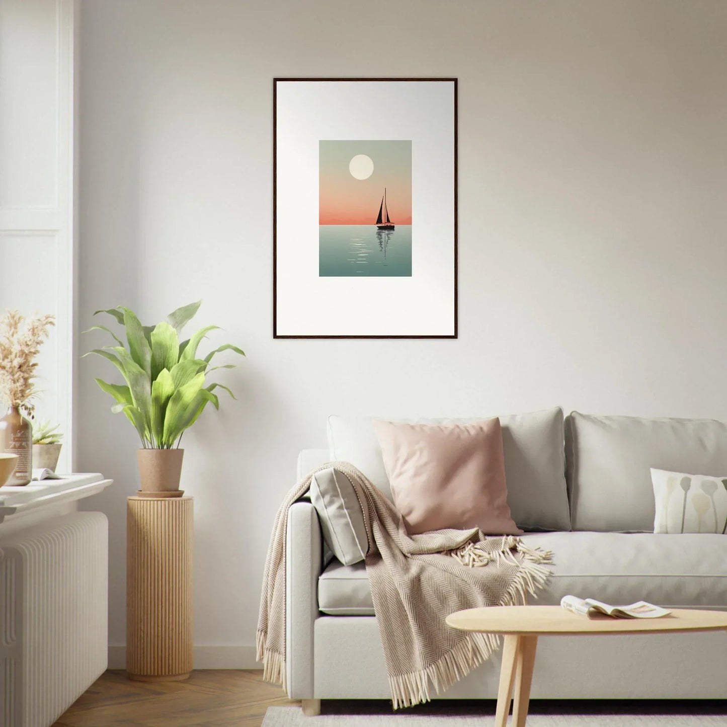 Framed canvas print of Eclipse Nautical Harmonies showing a sailboat under a full moon